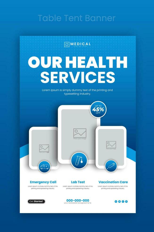 Medical healthcare table tent banner template. Display doctor service promotion on table, menu card for restaurant, billboard, rollup in abstract blue colorful shapes vector