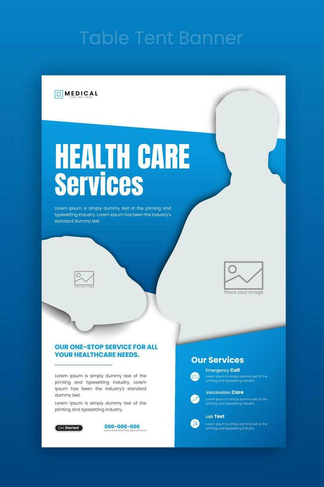Medical healthcare table tent banner template. Display doctor service promotion on table, menu card for restaurant, billboard, rollup in abstract blue colorful shapes vector