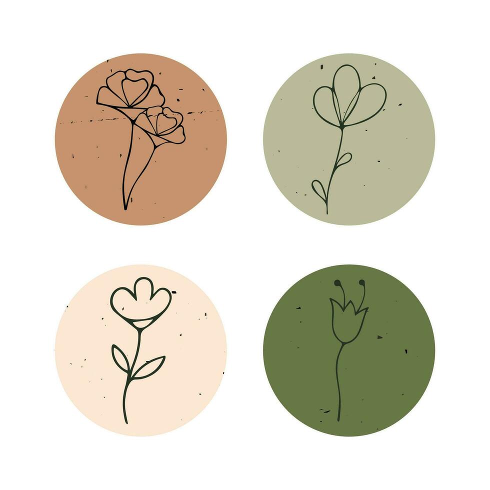 A set of icons of plants, flowers, branches in grunge circles vector