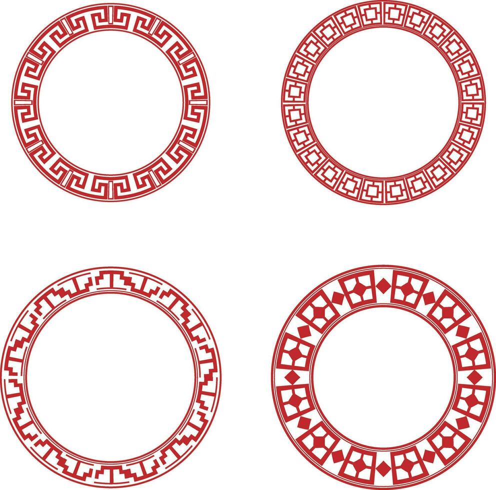 Collection of Red Chinese Circle Frame. Asian Oriental Style. Vector Illustration