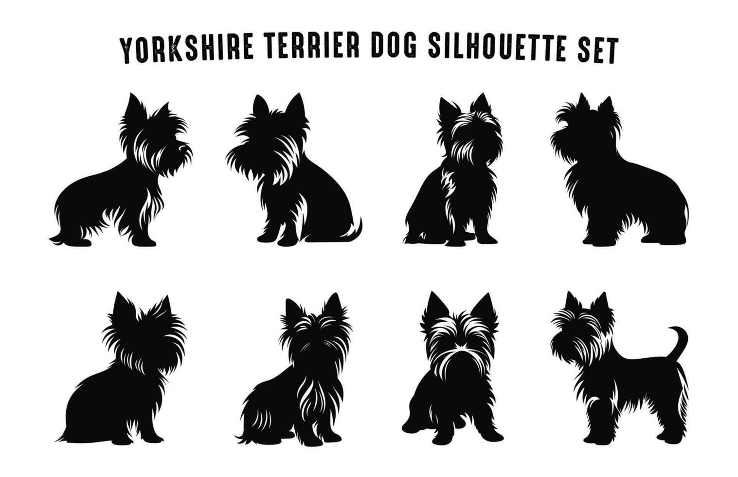 Yorkshire Terrier Dog Silhouettes vector Set, Silhouette of Dogs breed Black Clipart