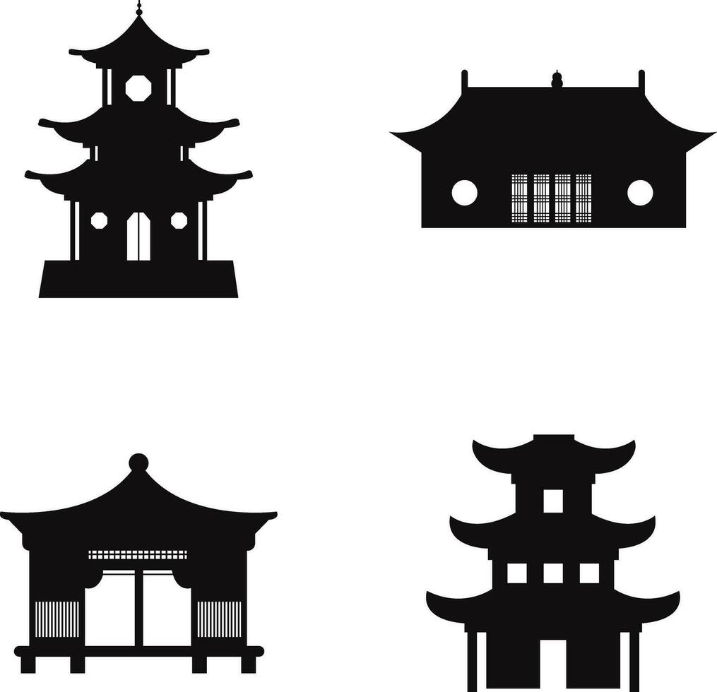 Traditional Chinese Building. Asian Castles and Pagodas. Isolated Vector Set.