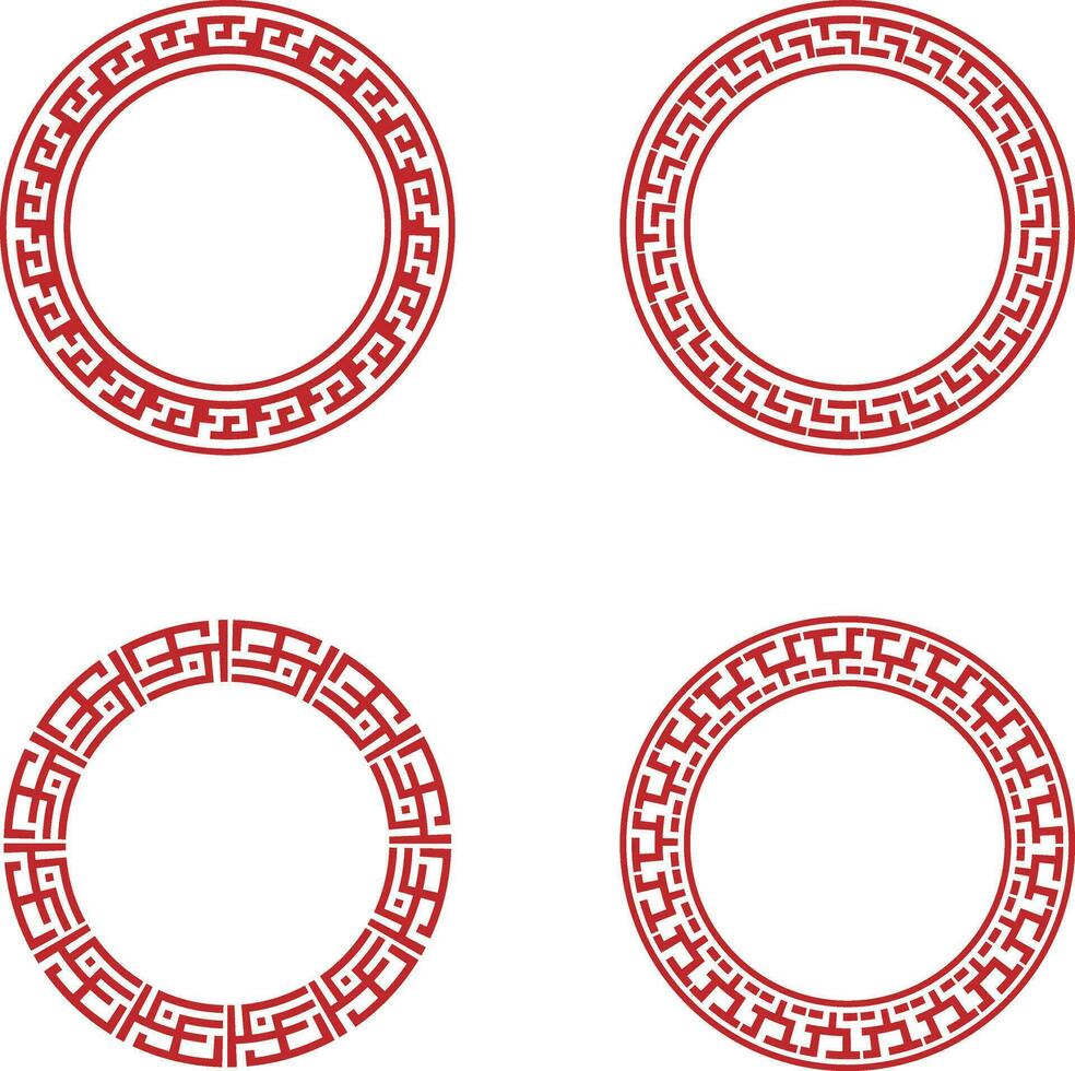 Collection of Red Chinese Circle Frame. Asian Oriental Style. Vector Illustration