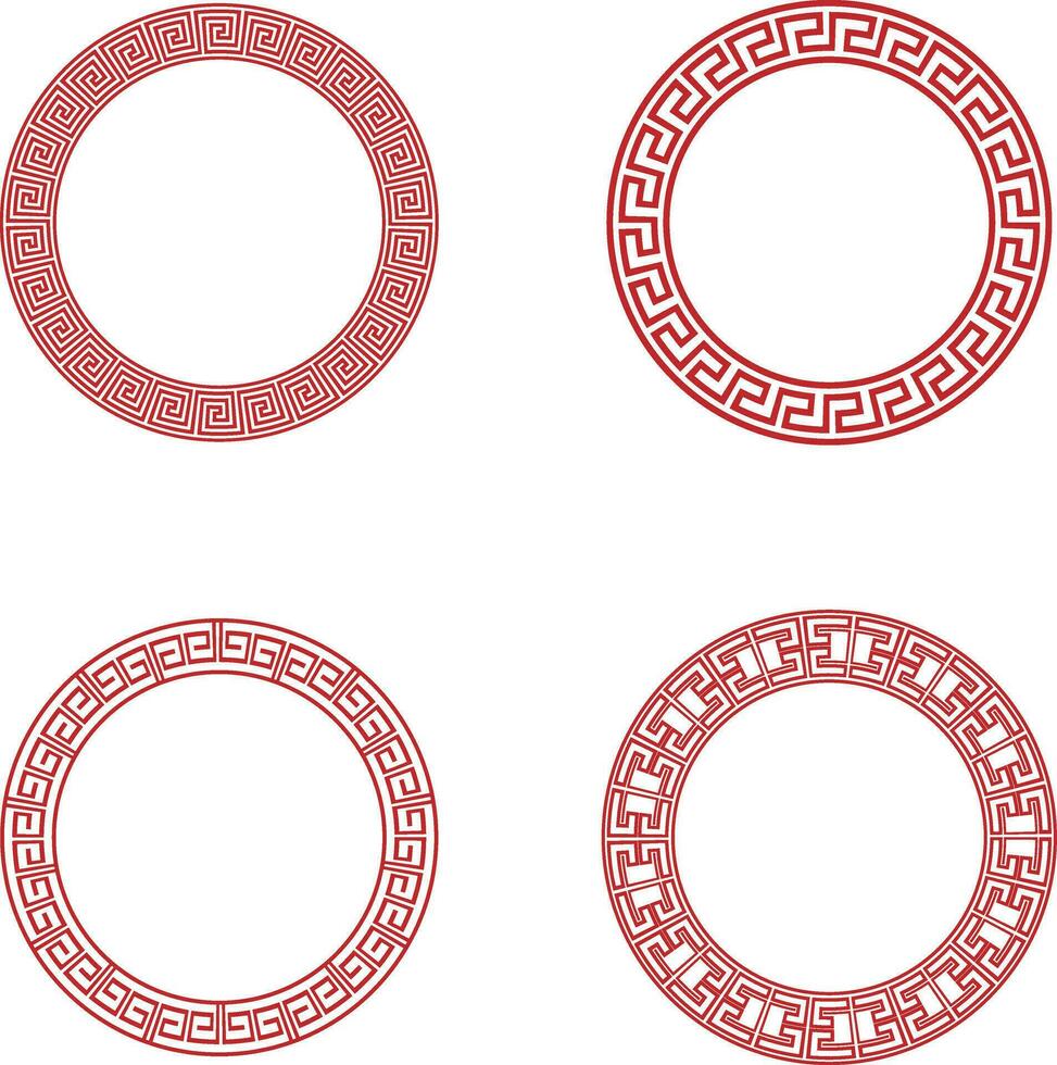 Collection of Red Chinese Circle Frame. Asian Oriental Style. Vector Illustration