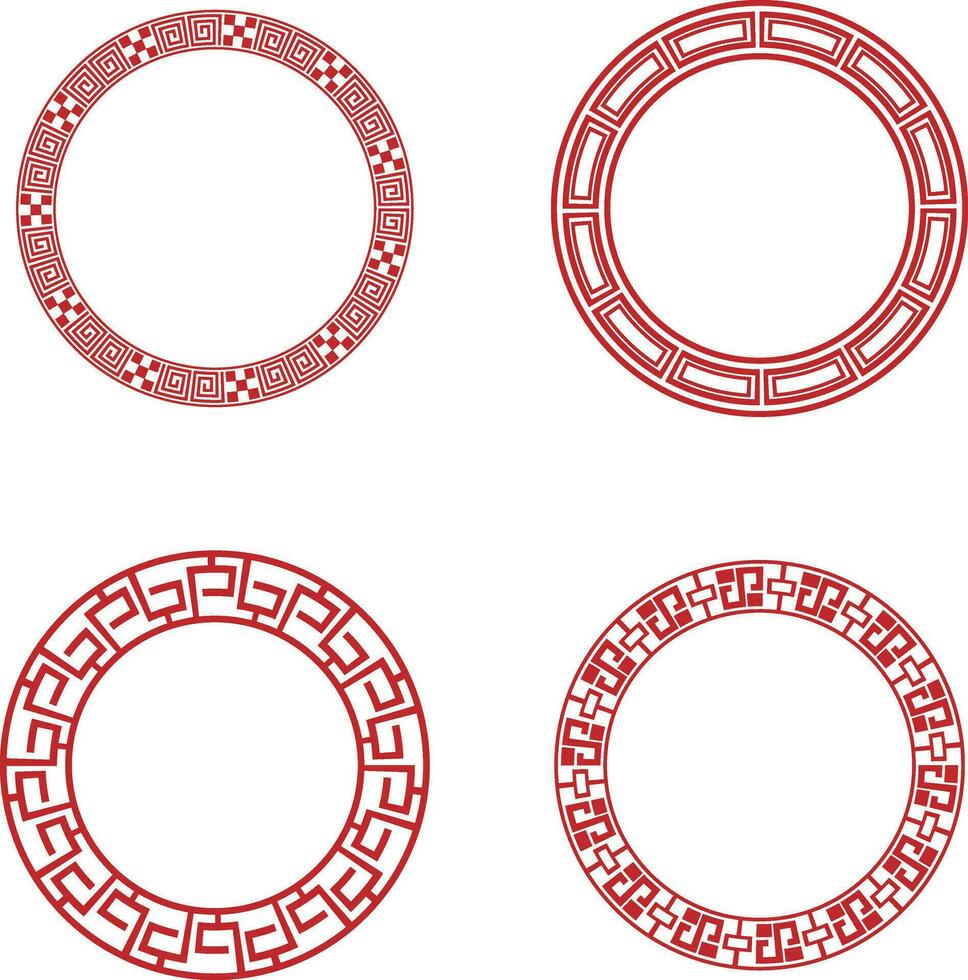 Collection of Red Chinese Circle Frame. Asian Oriental Style. Vector Illustration