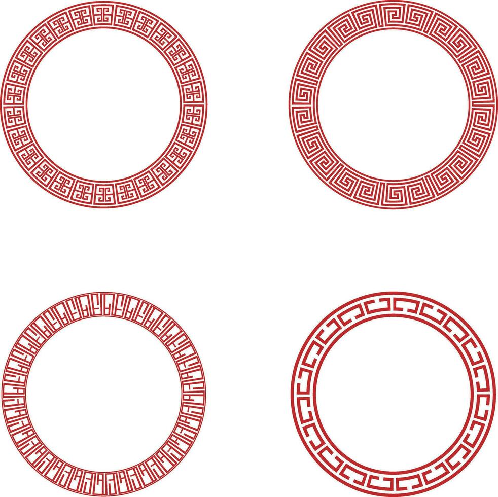 Collection of Red Chinese Circle Frame. Asian Oriental Style. Vector Illustration