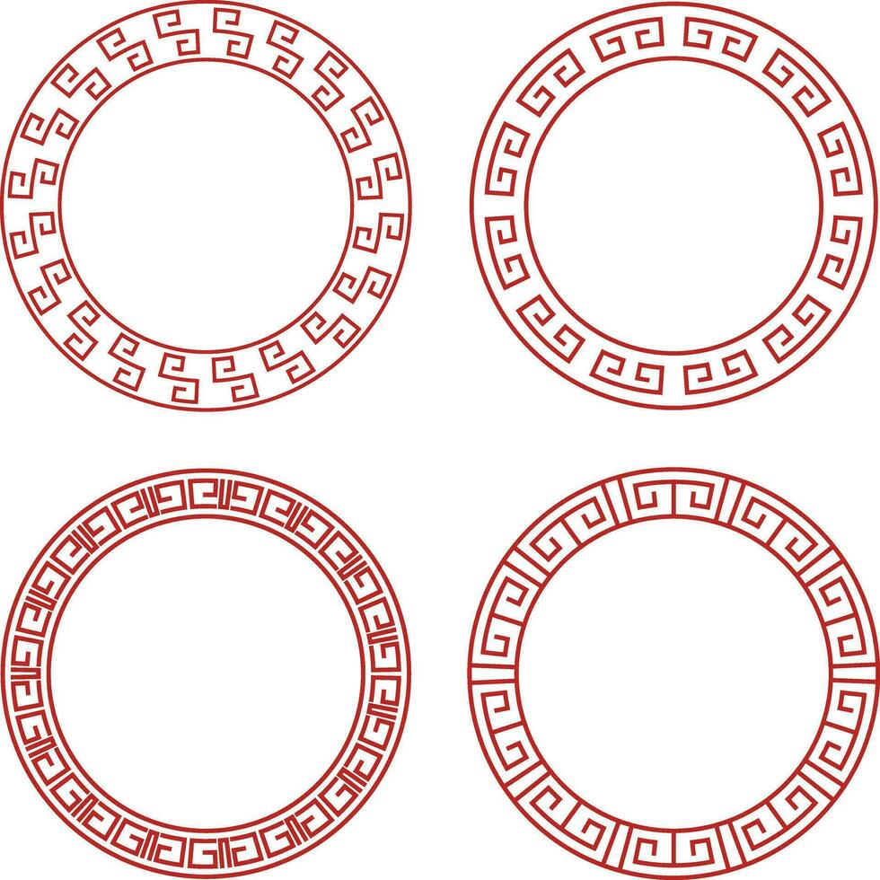 Red Chinese Circle Frame Icons. Oriental Style. Isolated Vector