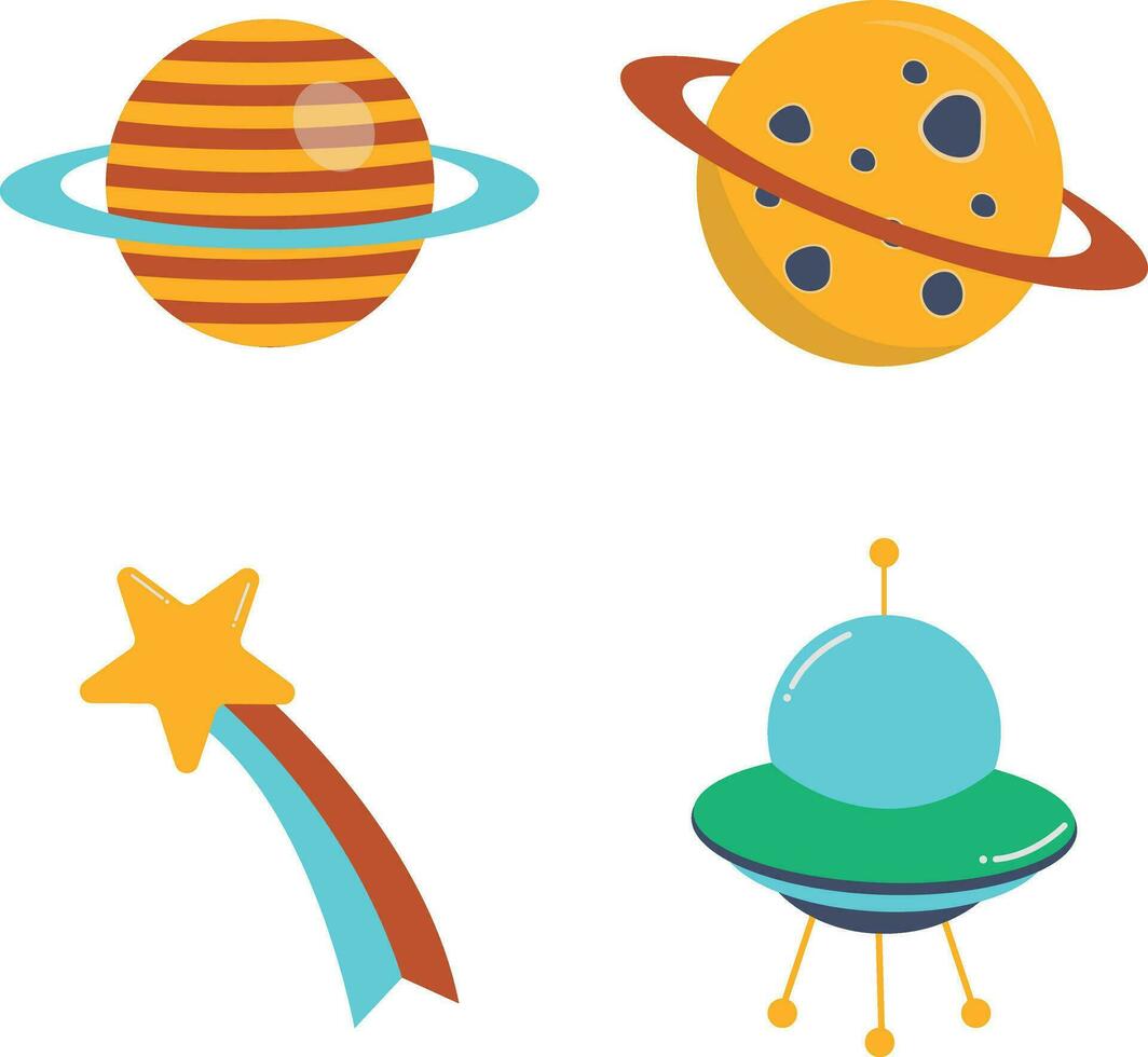 Outer Space Birthday Icons. Flat Cartoon Style. Isolated Vector Set