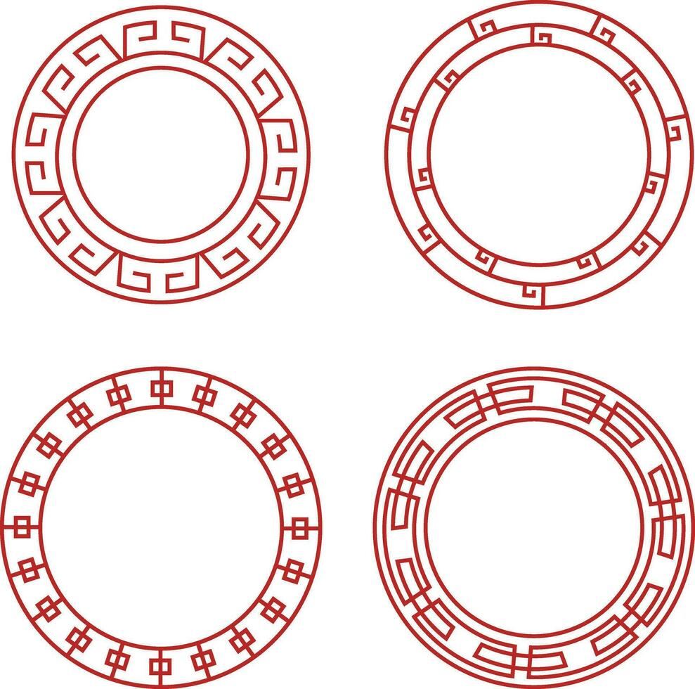 Red Chinese Circle Frame Icons. Oriental Style. Isolated Vector