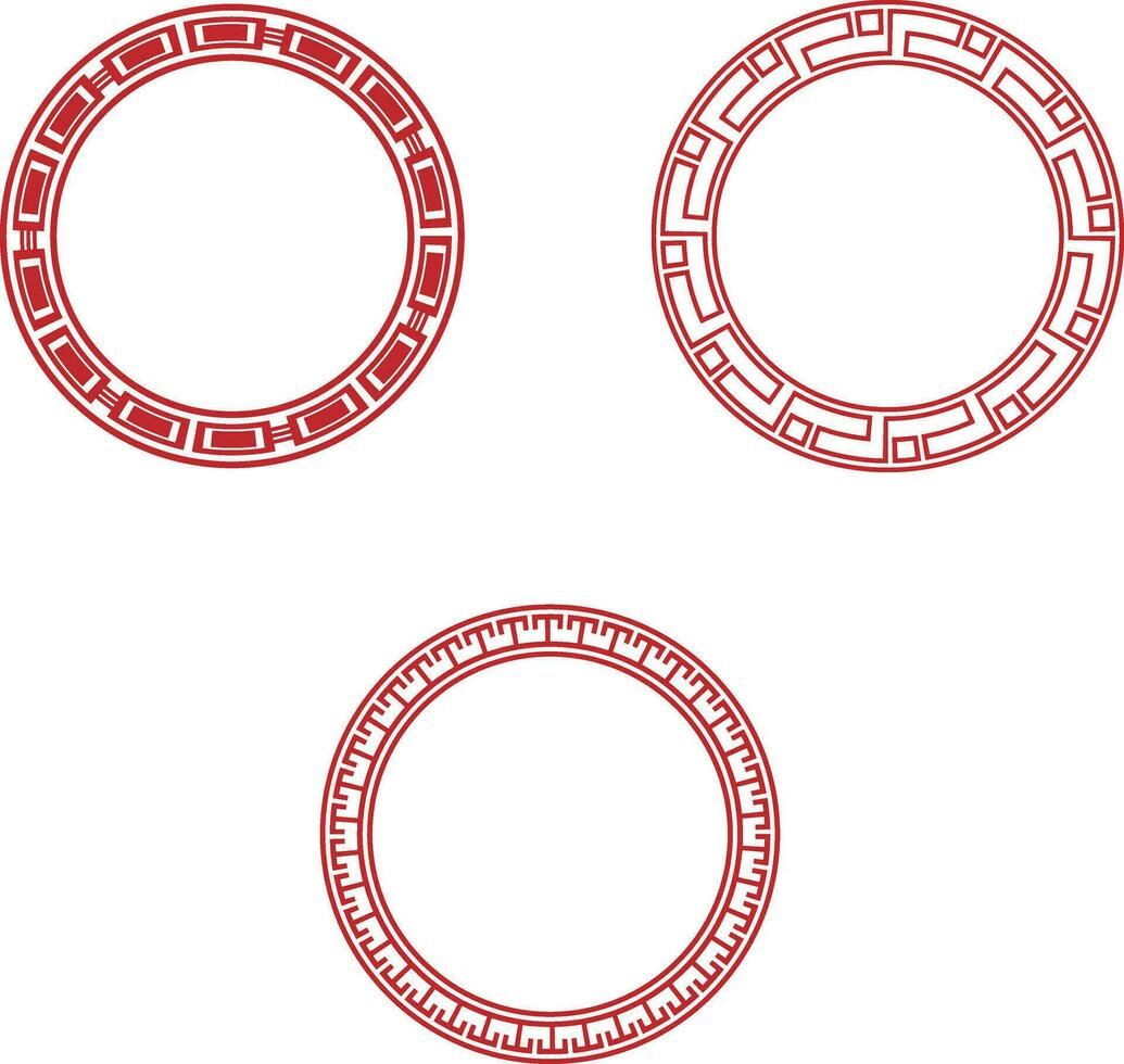 Collection of Red Chinese Circle Frame. Asian Oriental Style. Vector Illustration