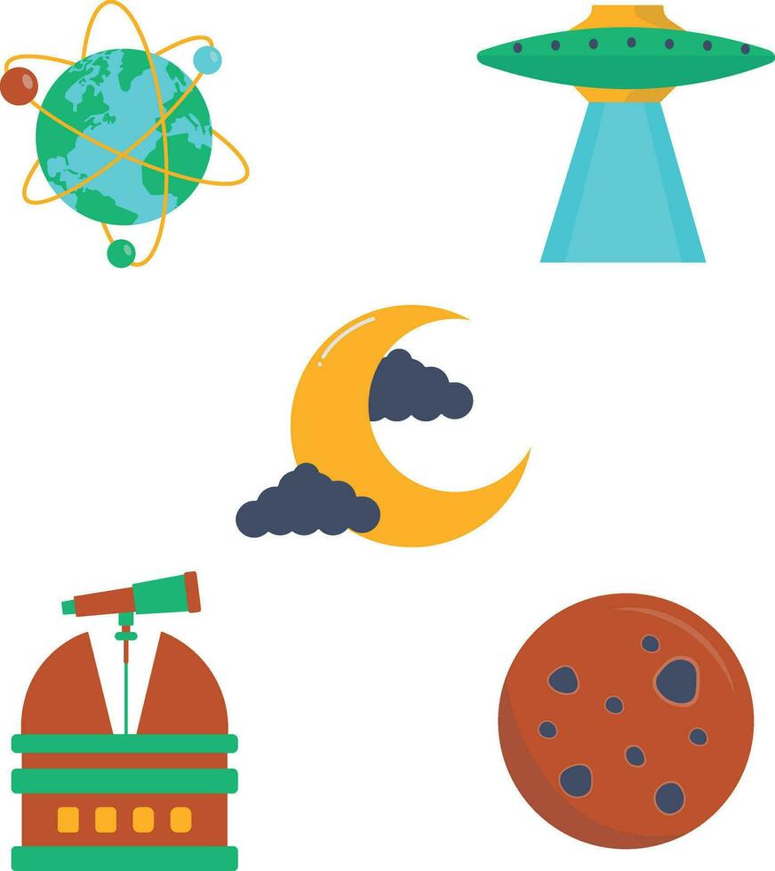 Outer Space Birthday Icons. Flat Cartoon Style. Isolated Vector Set