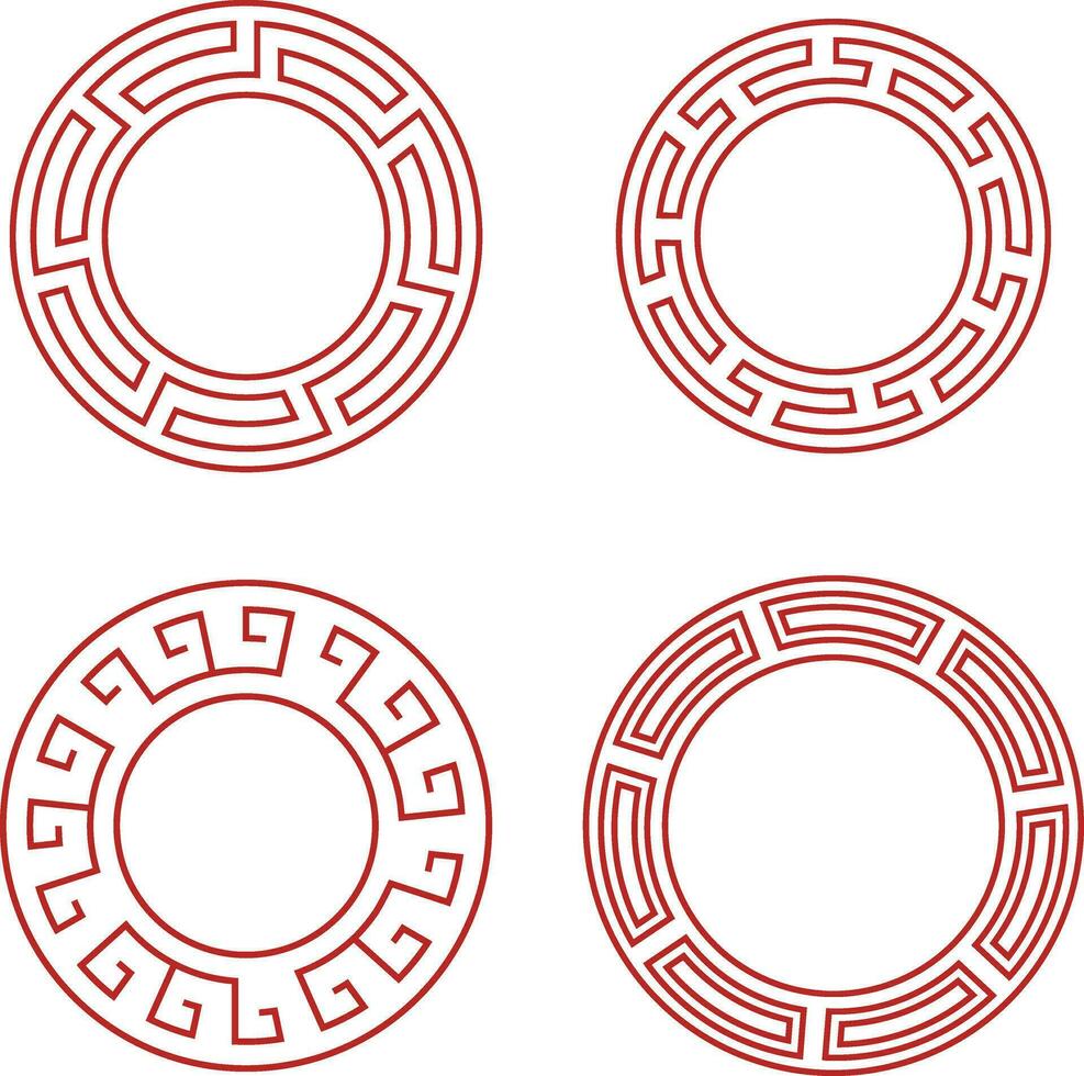 Red Chinese Circle Frame Icons. Oriental Style. Isolated Vector