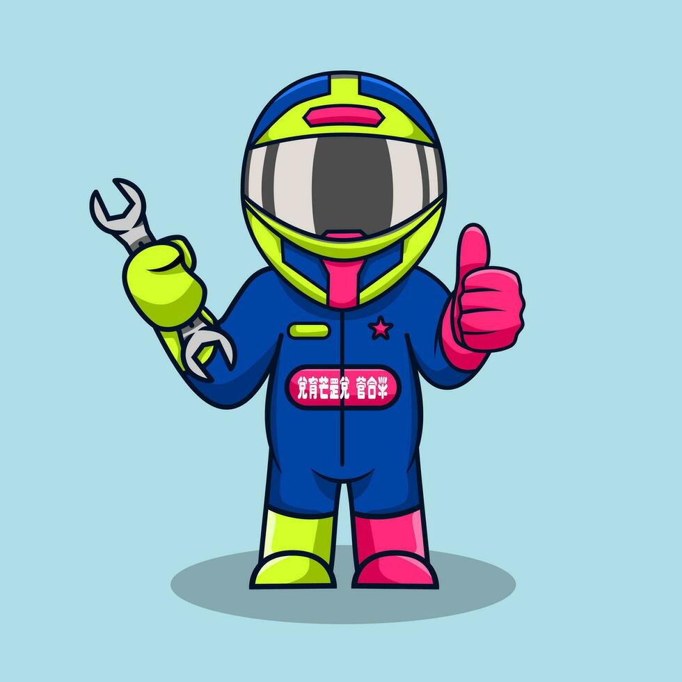 Cute cartoon racer boy wearing helmet and suit vector illustration