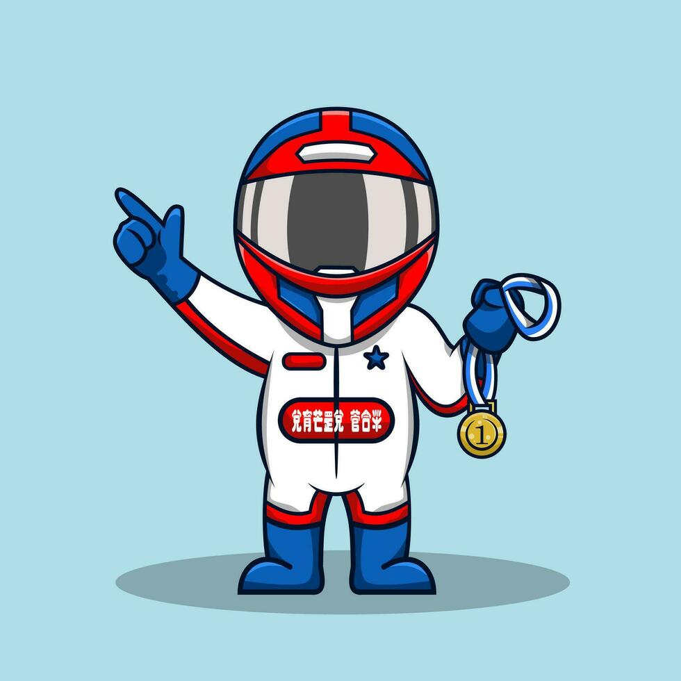 Cute cartoon racer boy wearing helmet and suit vector illustration