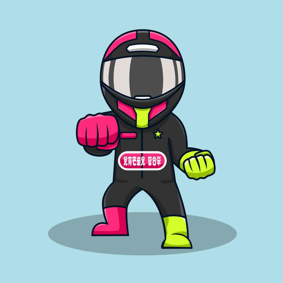 Cute cartoon racer boy wearing helmet and suit vector illustration