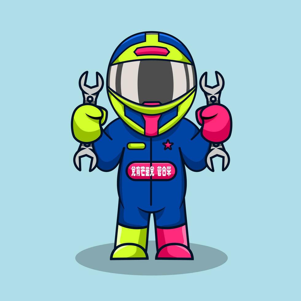 Cute cartoon racer boy wearing helmet and suit vector illustration