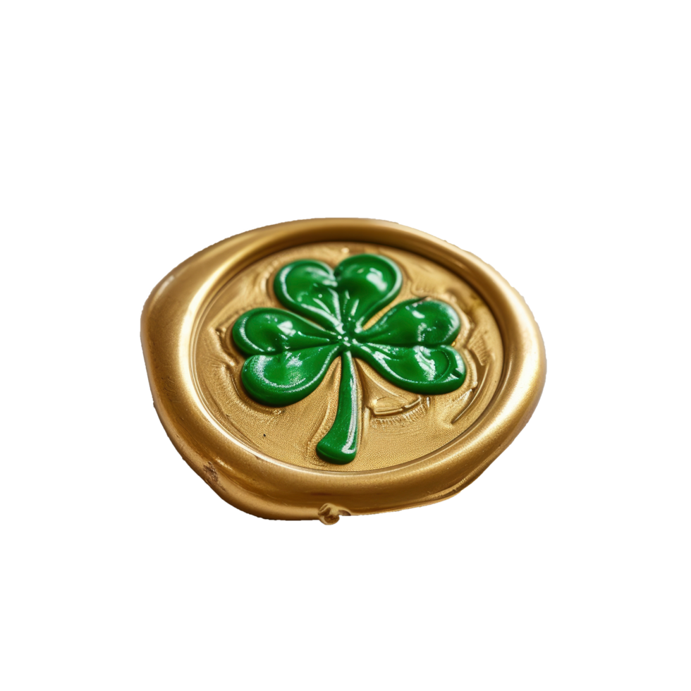 AI generated A golden wax seal green Shamrock on transparent background png