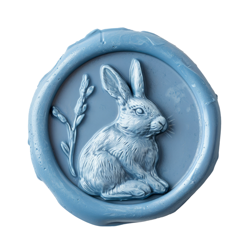 AI generated Blue Wax seal with easter bunny transparent background. Happy ester day png