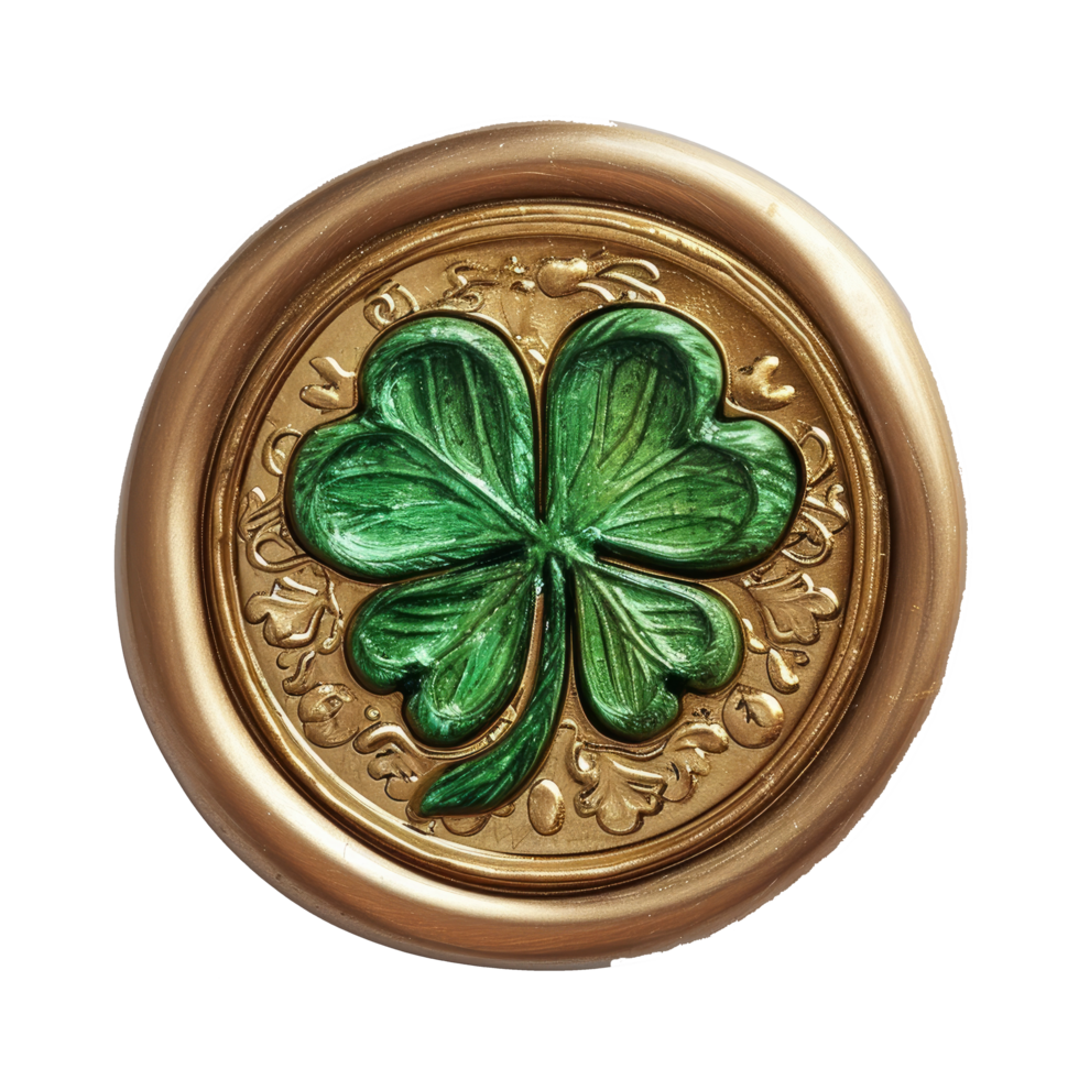 AI generated A golden wax seal green Shamrock on transparent background png