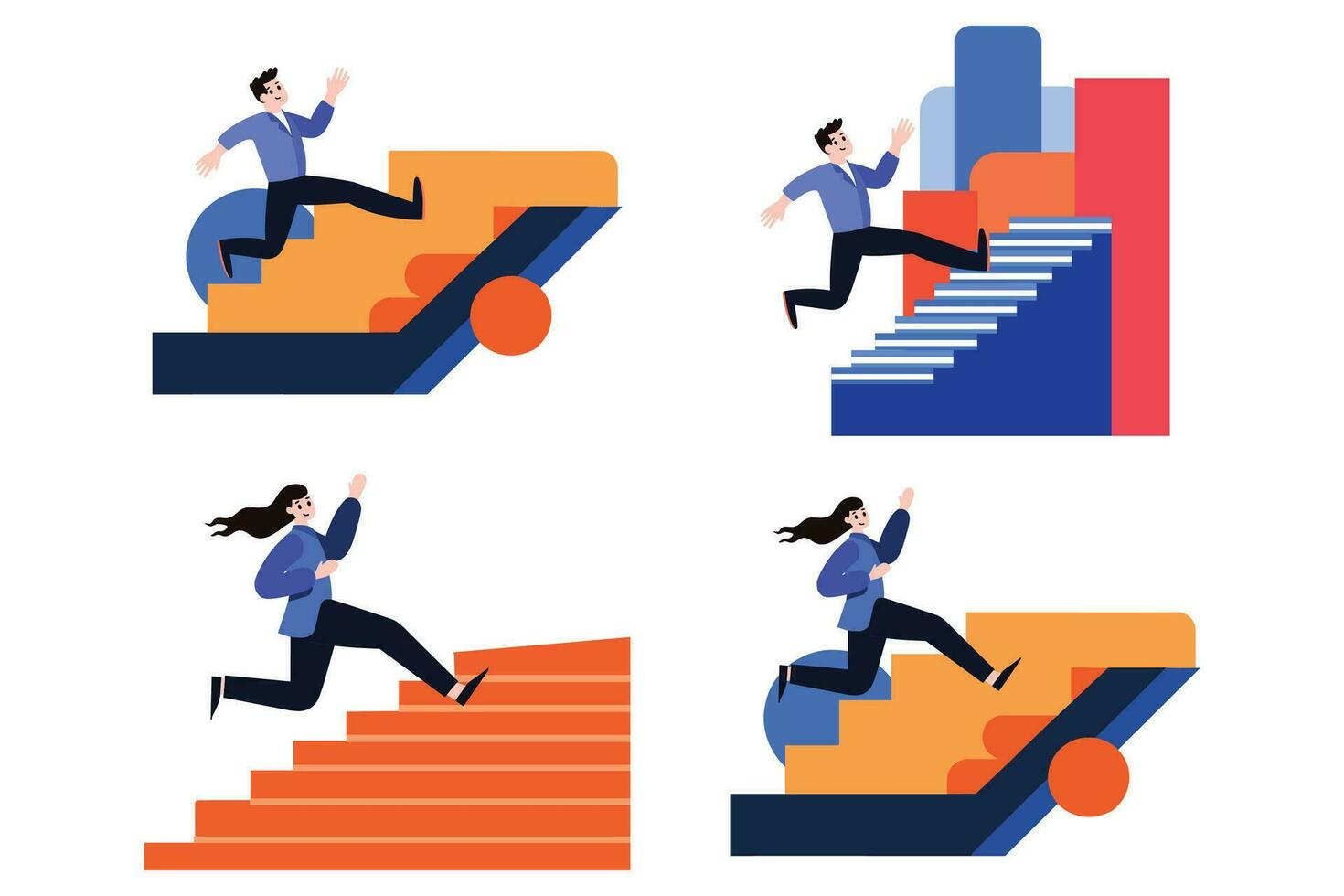 persona de negocios corriendo arriba escalera en plano estilo colección vector