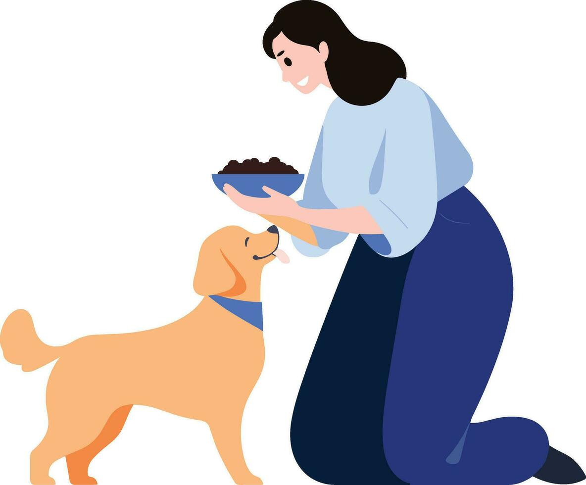 un mujer alimentación su perro en plano estilo aislado en antecedentes vector