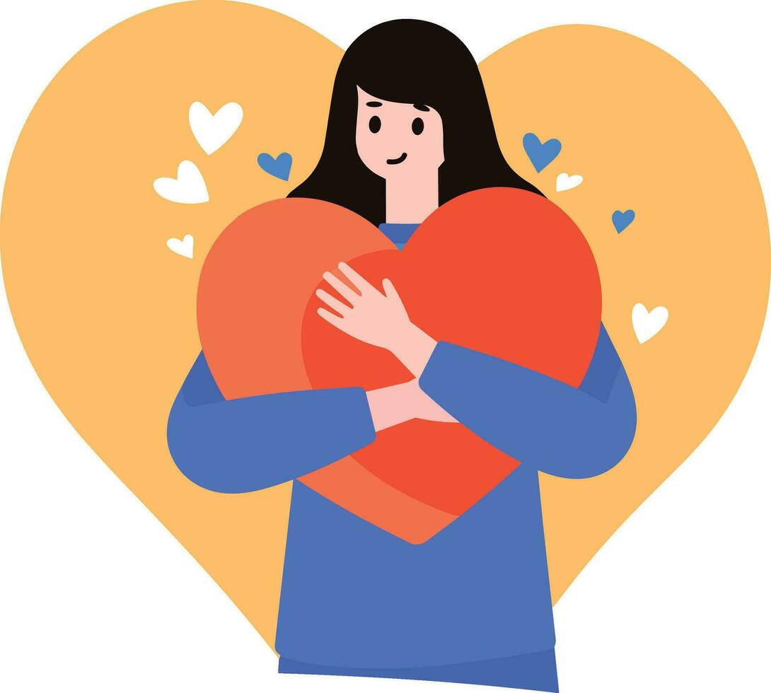 a woman hugging big heart in flat style isolated on background vector