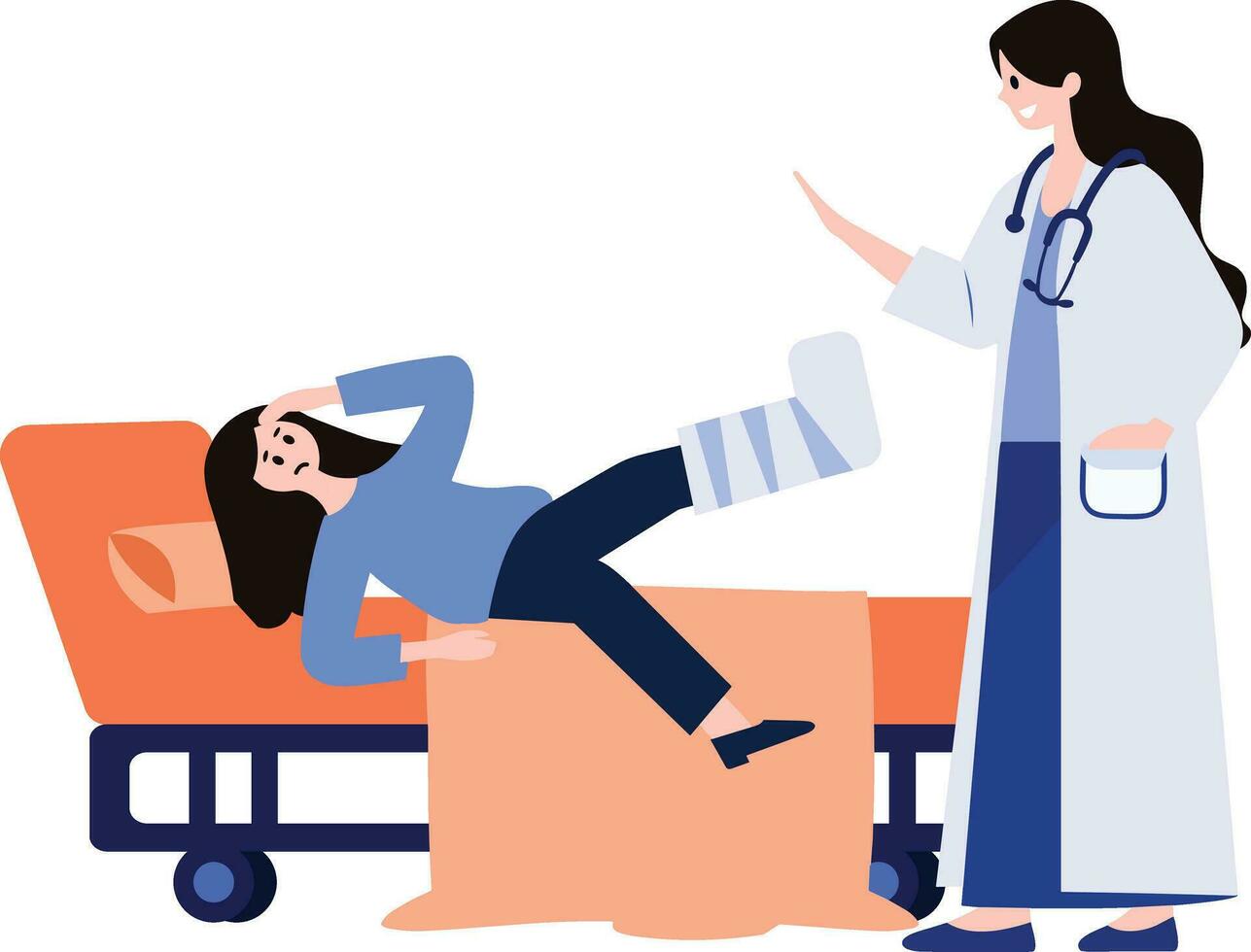 paciente acostado en cama y hablando con médico en plano estilo aislado en antecedentes vector