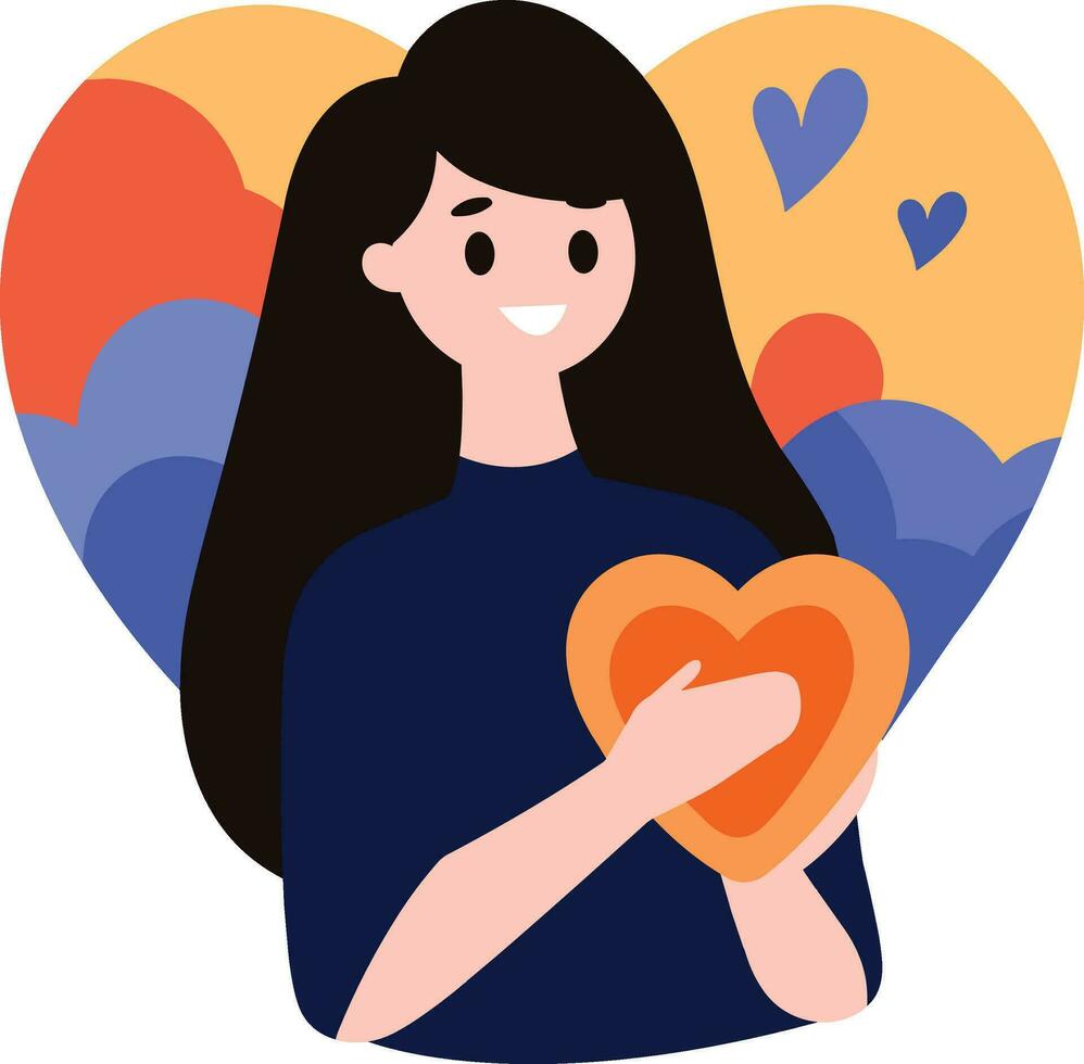 un mujer abrazando grande corazón en plano estilo aislado en antecedentes vector