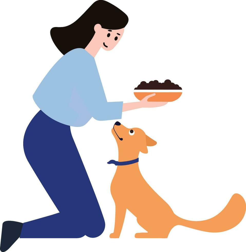 a woman feeding her dog in flat style isolated on background vector