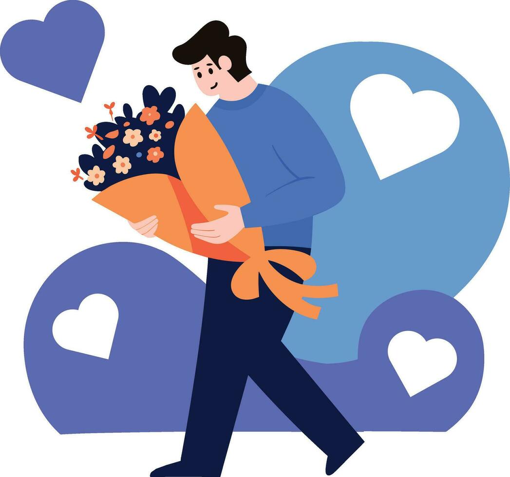 a man holding bouquet of flowers in flat style isolated on background vector