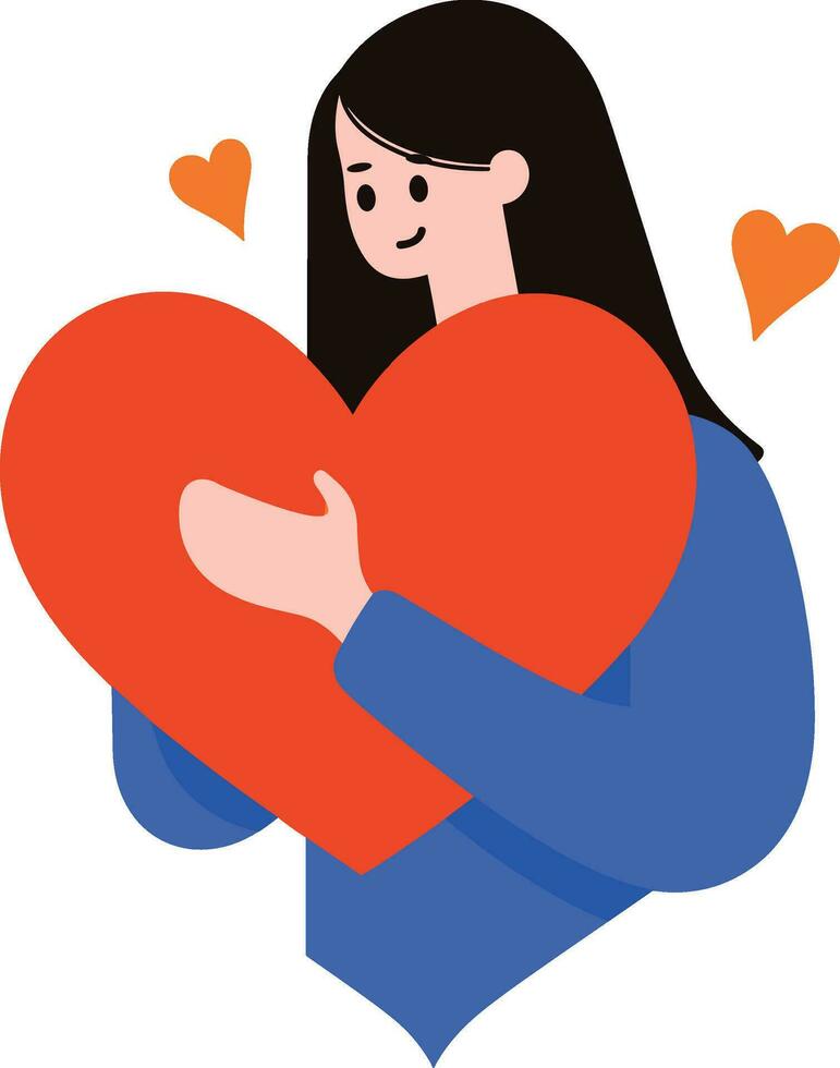 un mujer abrazando grande corazón en plano estilo aislado en antecedentes vector