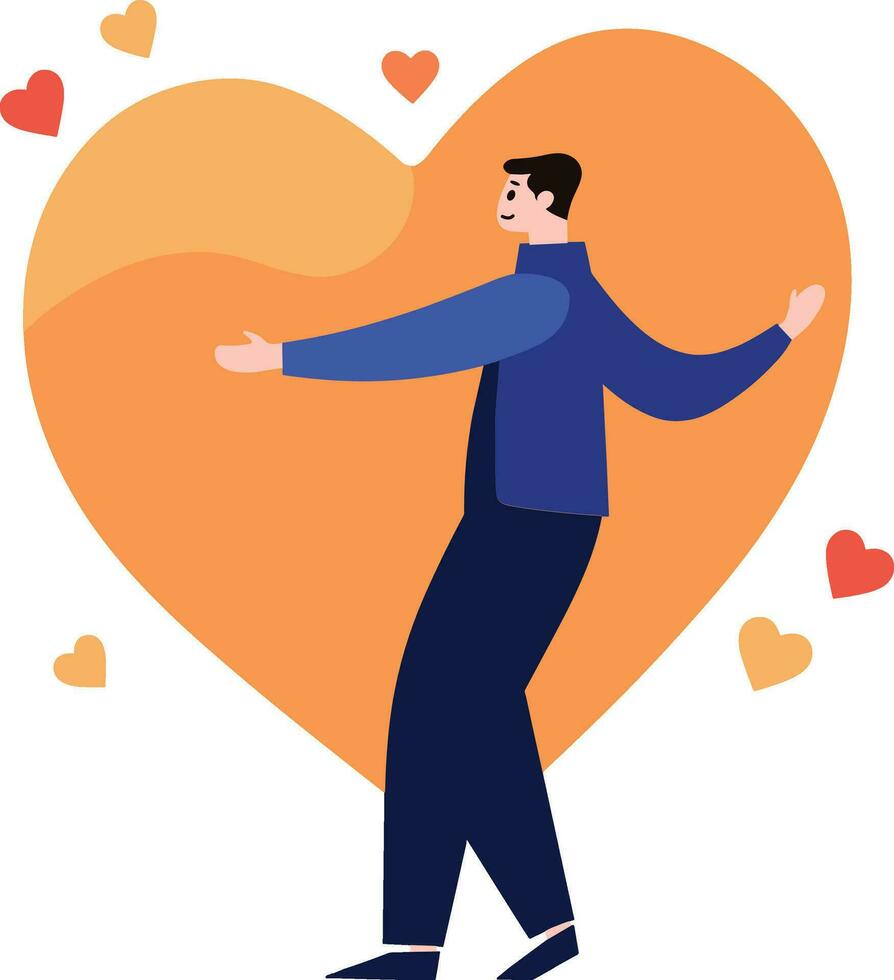 un hombre abrazando grande corazón en plano estilo aislado en antecedentes vector