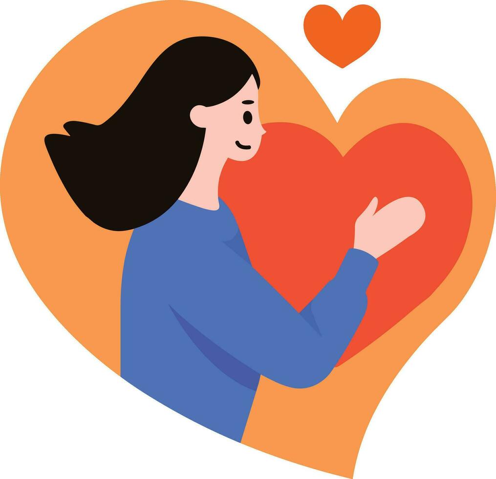 un mujer abrazando grande corazón en plano estilo aislado en antecedentes vector