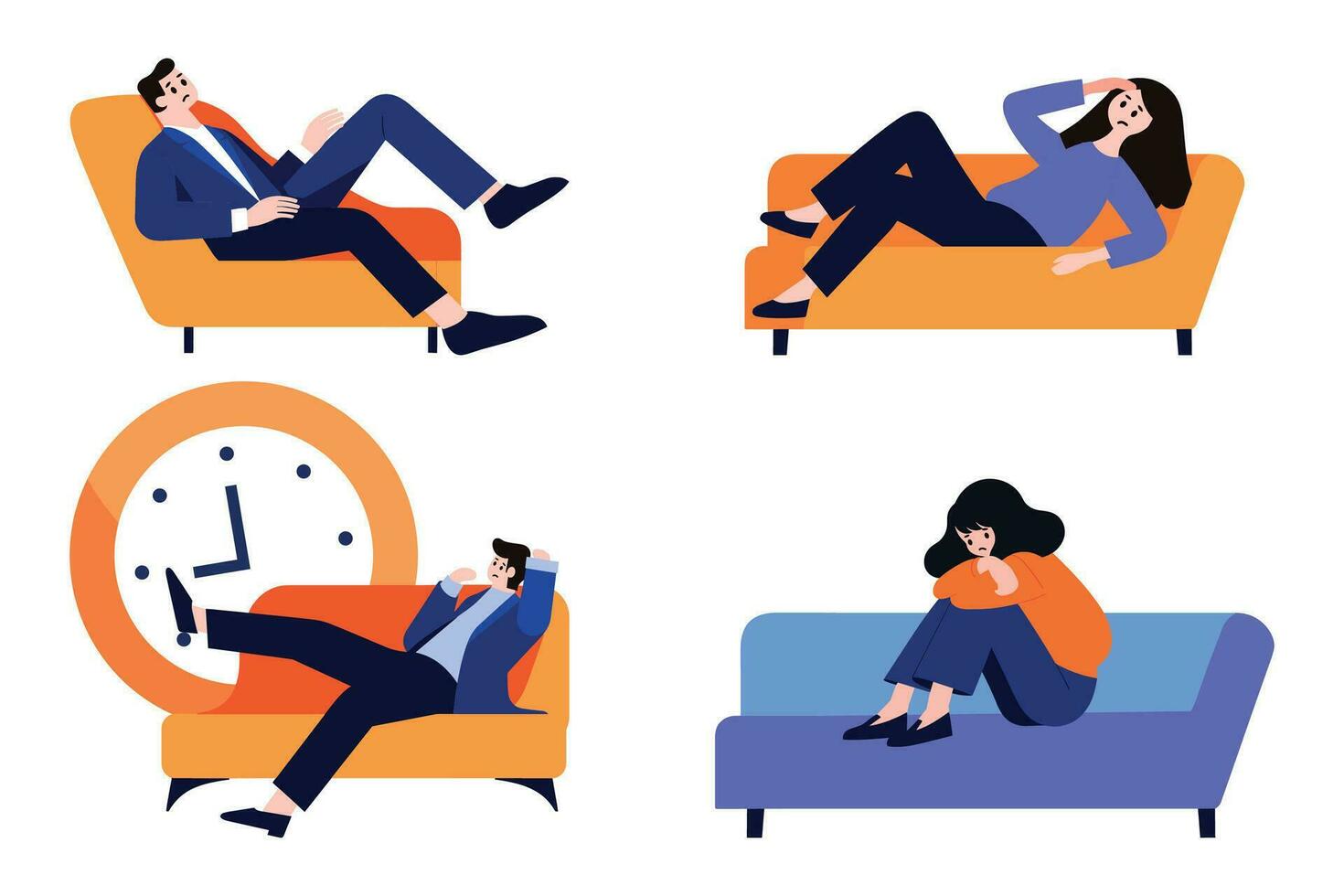 people tired and lying down on couch in flat style collection vector