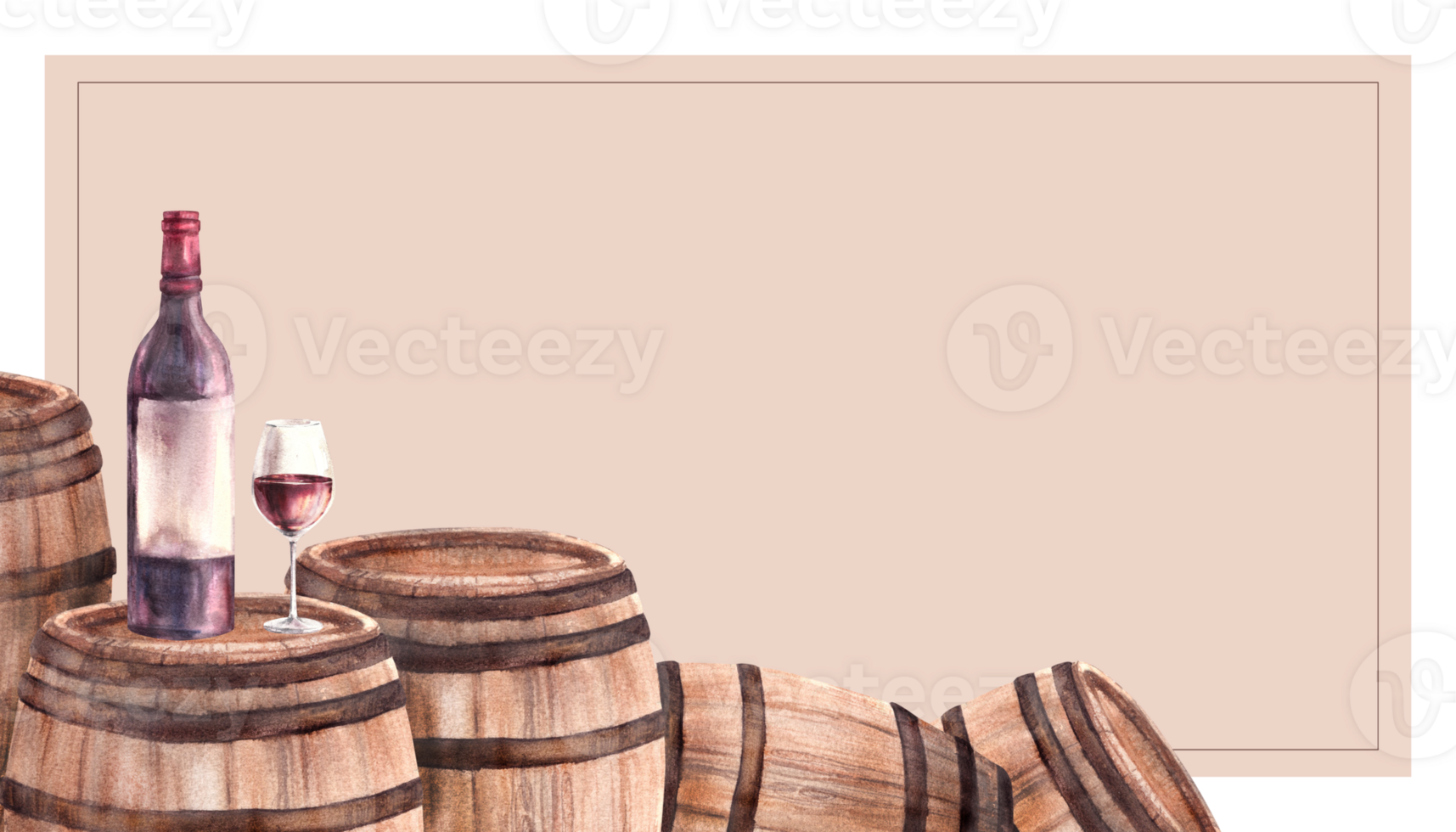 A group of wooden old barrels with bottle and glass of red wine. Watercolour hand draw food illustration on coloured background. Wine making template for banner, card, drink menu, wine list. png