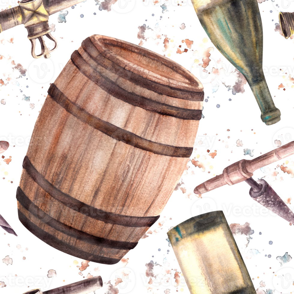 A bottle of white wine, wooden barrel, tap and corkscrew with watercolor stains. seamless pattern. Hand draw illustration. Wine making clipart for wallpaper, wrapping, print background png