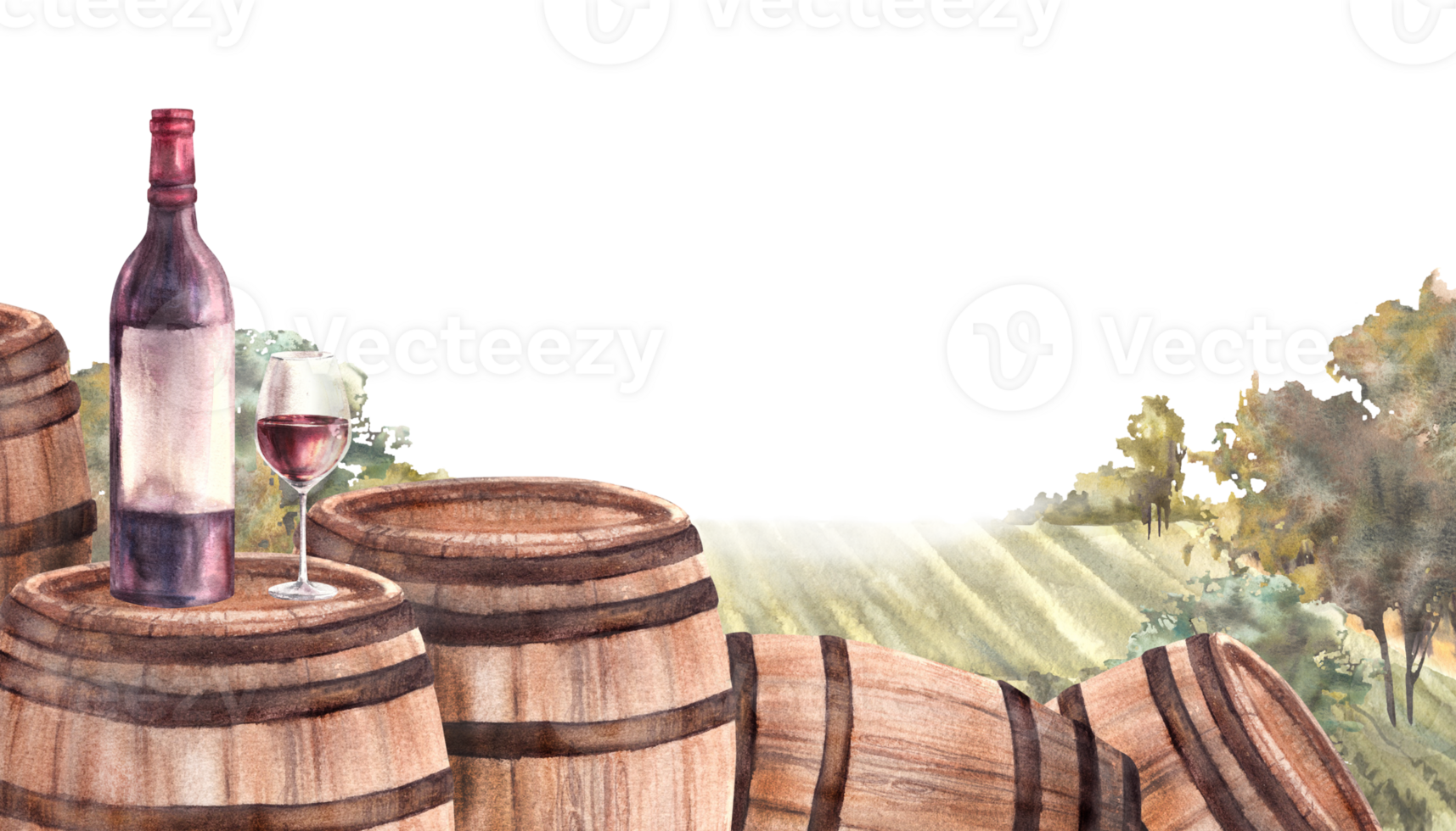 Watercolor hand drawn wine label. Wooden barrels, bottle, glass of red wine in front of vineyards rural landscape with grape fields, trees. Winemaking. Painted illustration png