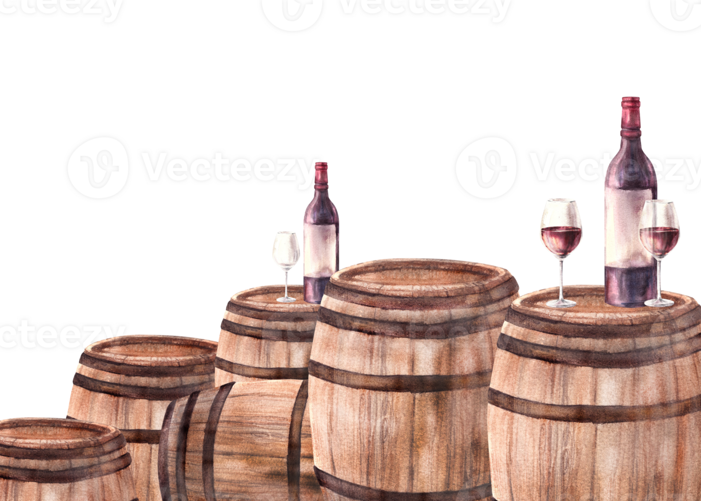een groep van houten oud vaten met flessen en bril van rood wijn. waterverf hand- trek voedsel illustratie. wijn maken sjabloon voor banier, kaart, drinken menu, wijn lijst afdrukken png