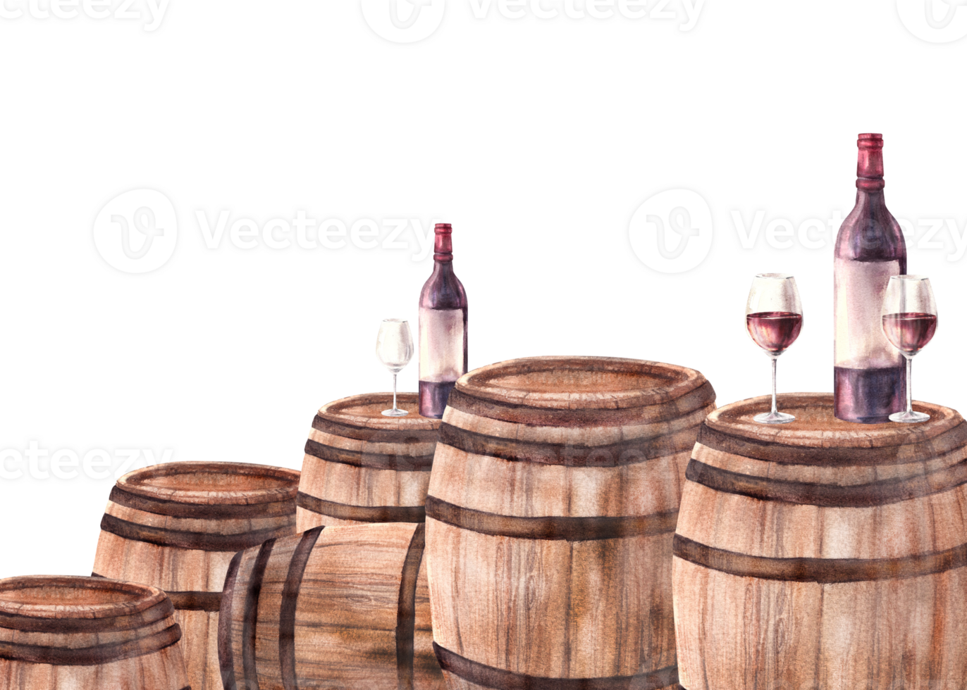 A group of wooden old barrels with bottles and glasses of red wine. Watercolour hand draw food illustration. Wine making template for banner, card, drink menu, wine list print png