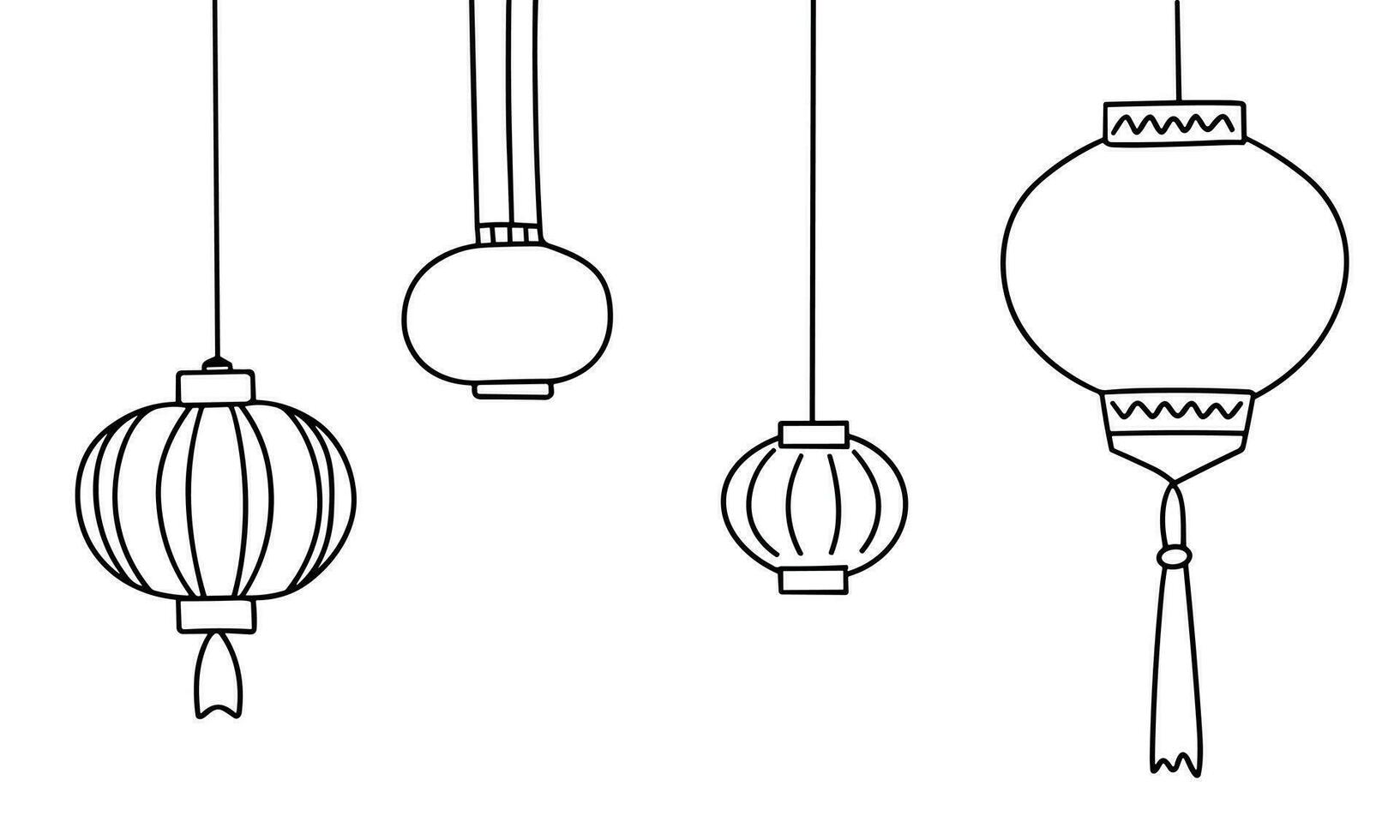 Set of hand drawn Chinese lanterns. Outline doodle Chinese Lantern. Hand drawn vector art.