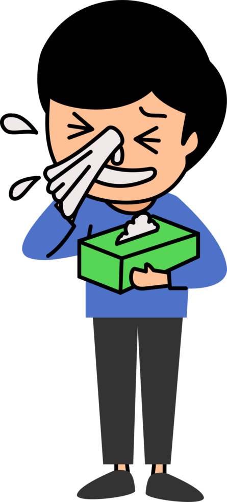 cute little boy sneezing with flu and blowing nose into tissue paper png