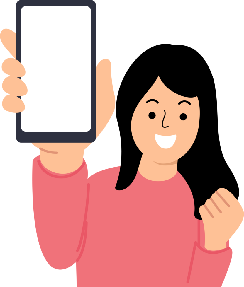 donna eccitato mostrando smartphone con vuoto schermo png