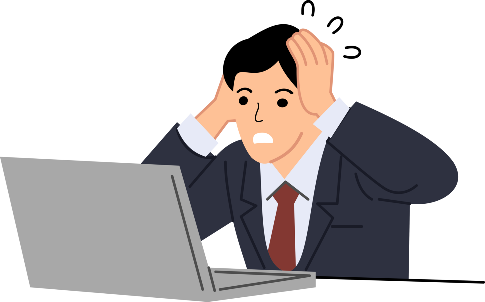 A employee holds his head while looking at a laptop or Tired worker png
