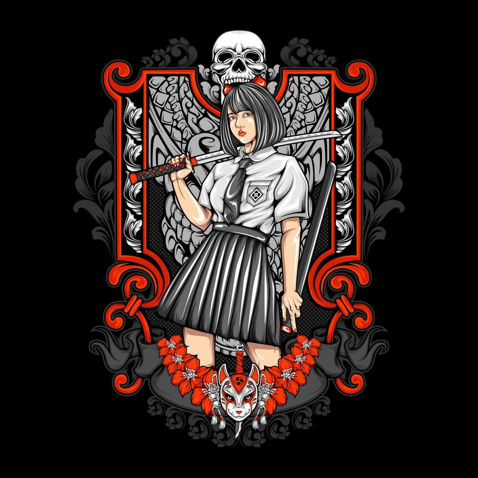 samurai lady illustration for t shirt design vector