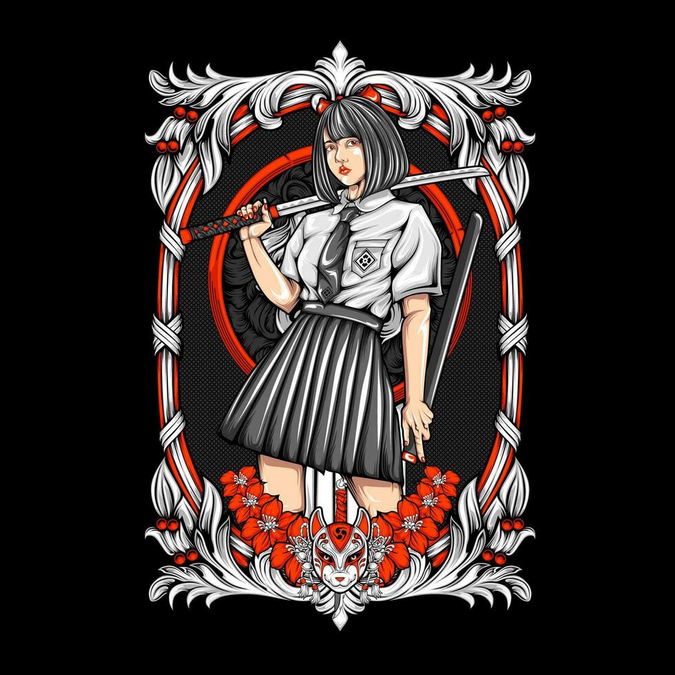 samurai lady illustration for t shirt design vector