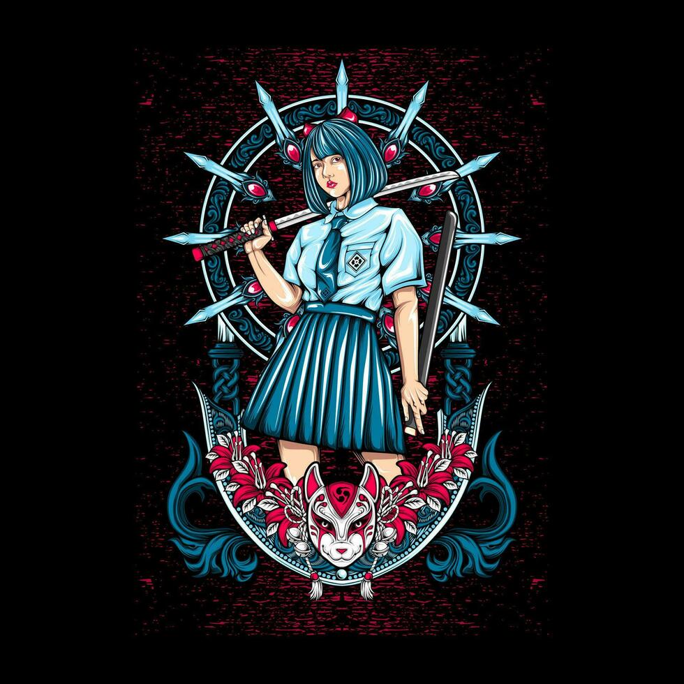 samurai lady illustration for t shirt design vector