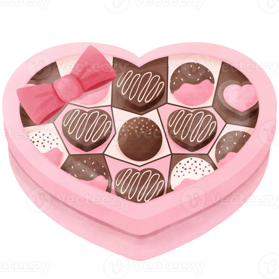 Heart shaped box with tasty chocolate candies watercolor  clip art png