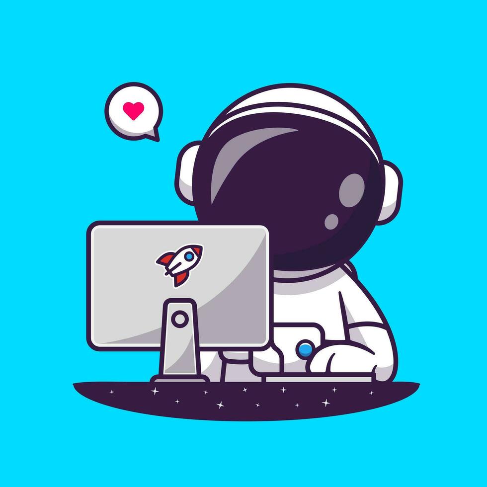 Cute Astronaut Working With Computer Cartoon Vector Icon Illustration. Science Technology Icon Concept Isolated Premium Vector. Flat Cartoon Style