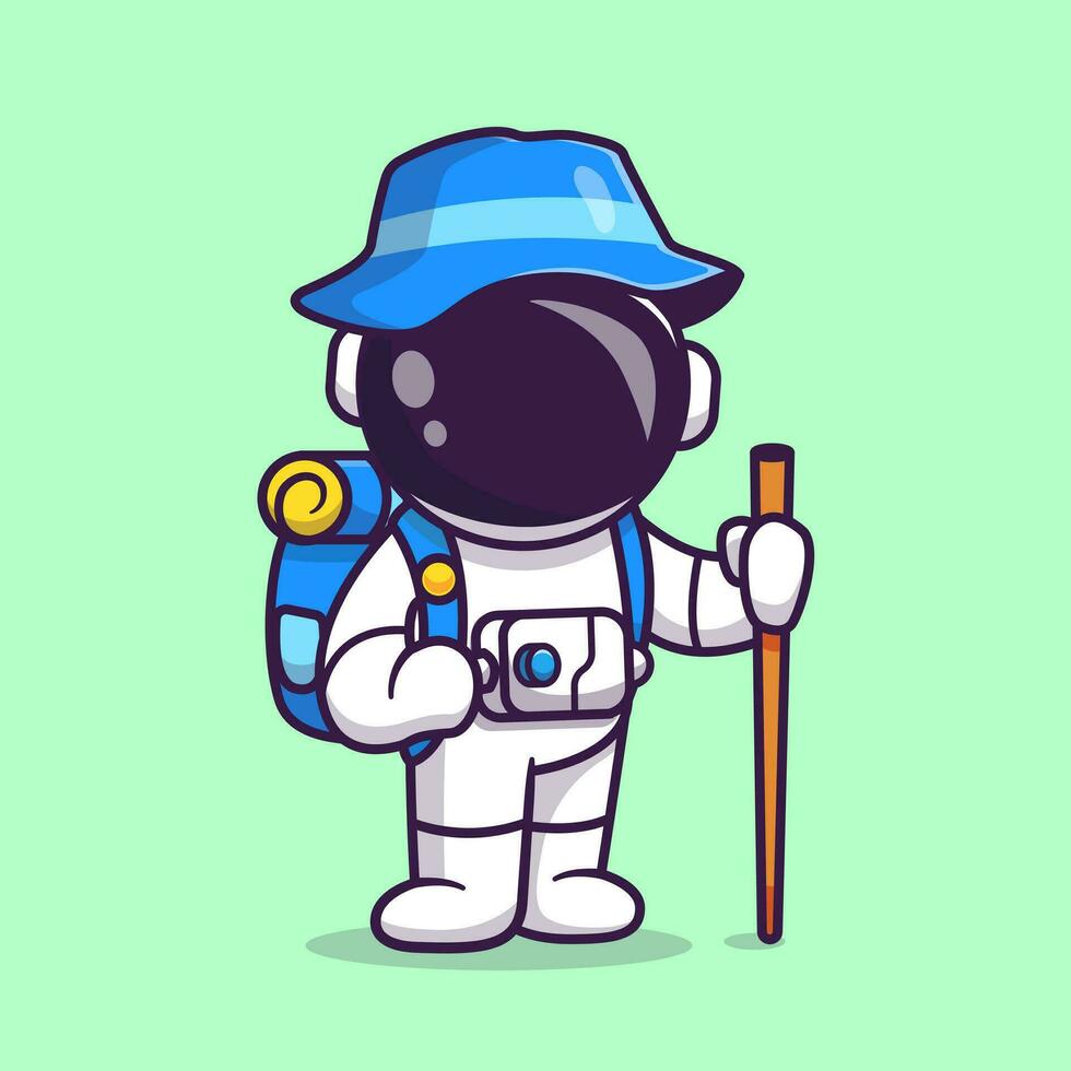 Cute Astronaut Hiking Travelling Cartoon Vector Icon Illustration. Science Travel Icon Concept Isolated Premium Vector. Flat Cartoon Style