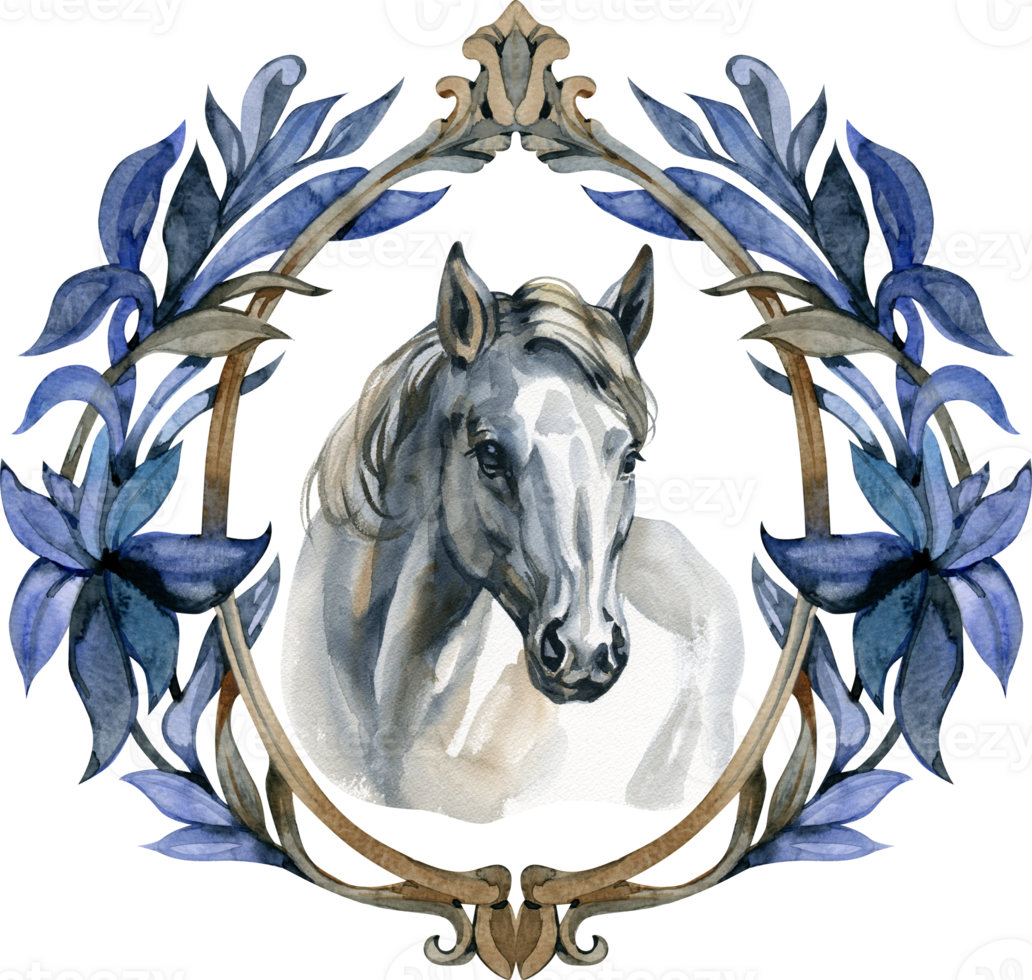 Hand-drawn graphic white horse portrait watercolor emblem png